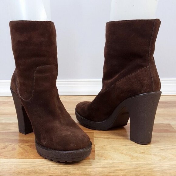 COACH Size 8.5 Brown Suede Laurette Chunky Block Heel Boots - Picture 2 of 6